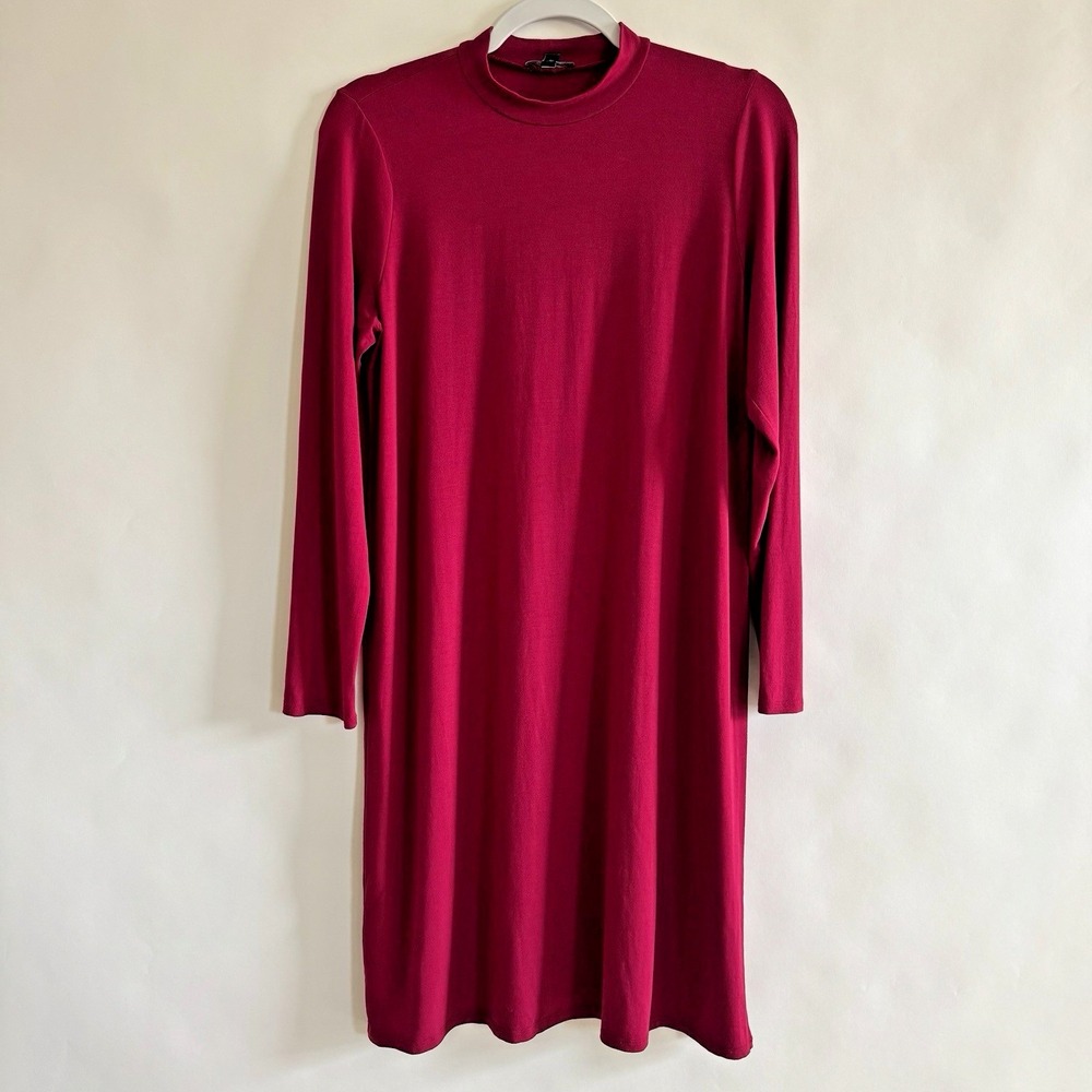 Eileen Fisher Burgundy Red Long Sleeve Mock Neck Dress Side Slit Medium Viscose
